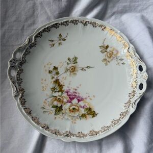 Antique Elegant Floral Porcelain Serving Plate with Gold Accents